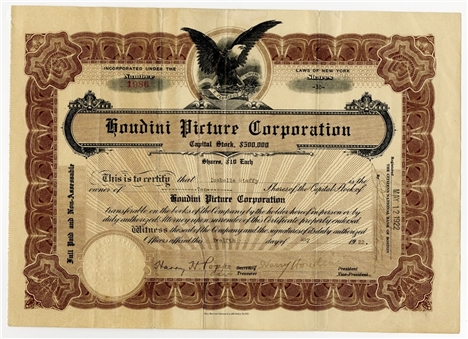 1922 Harry Houdini Signed Stock Certificate as President of Houdini Picture Corporation (University Archives LOA)